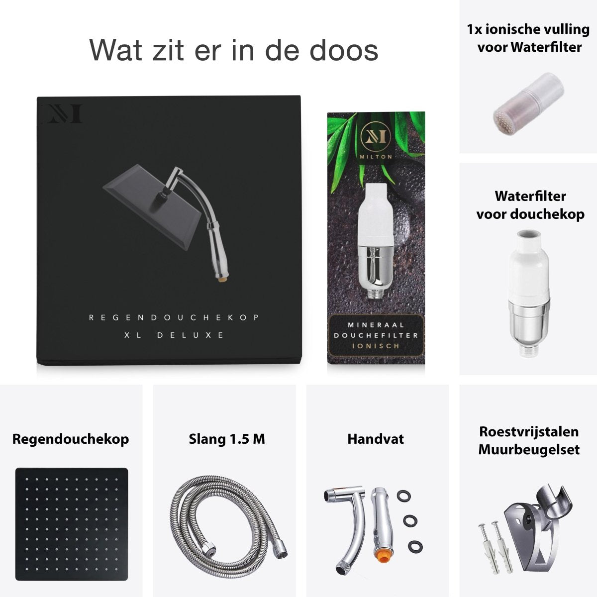 Regendouchekop XL Deluxe Met Mineraalfilter Zwart - Milton Accessories
